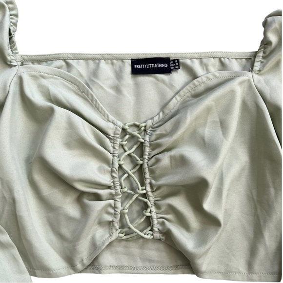 PrettyLittleThing Sage Green Lace Up Long Sleeve Cropped Blouse - Picture 8 of 10